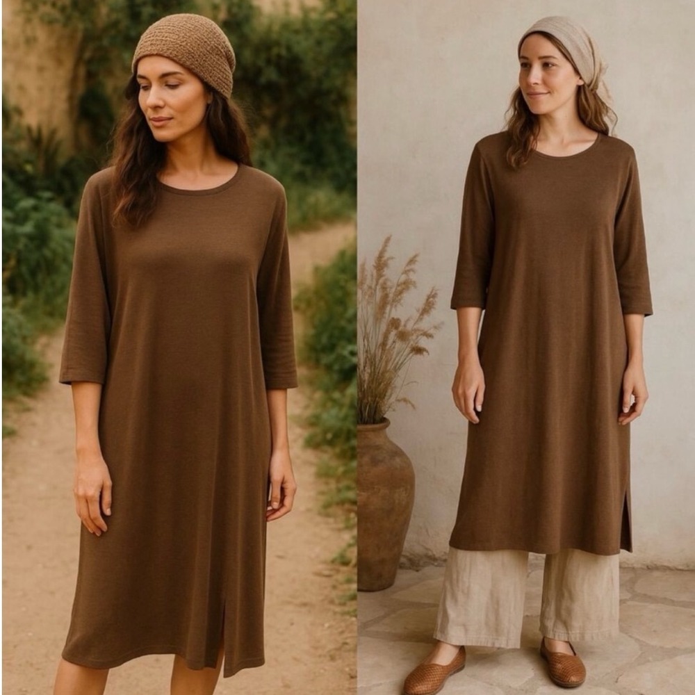J Jill Womens Linen Blend Tunic Top S Brown Semi Sheer Lagenlook Minimalist